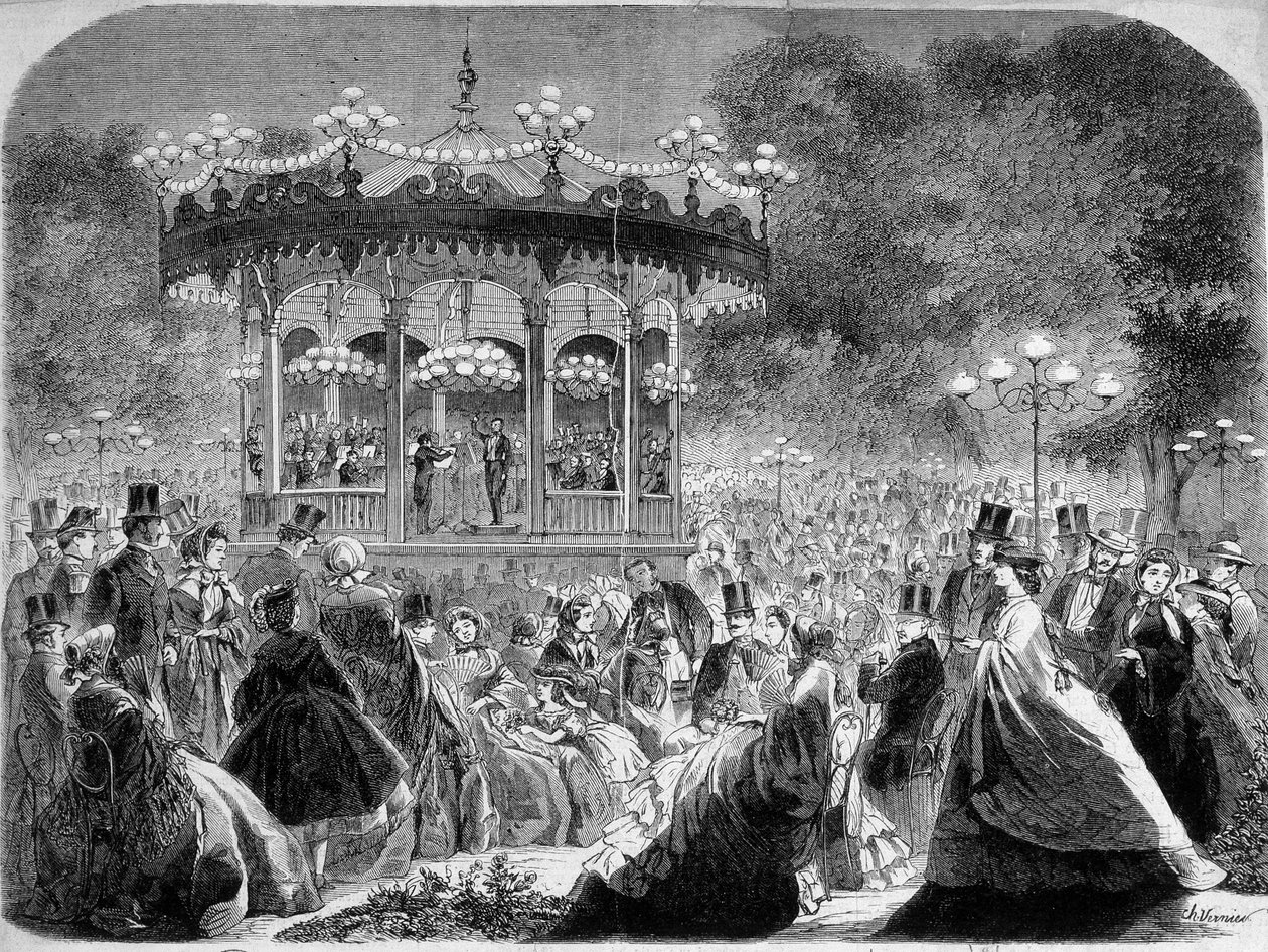 Concert bij de muziekkoepel van de Champs-Elysées, Duitse gravure ca. 1861 door German School