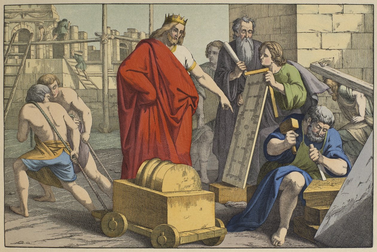 Bouw van de Tempel van Jeruzalem, illustratie uit L
