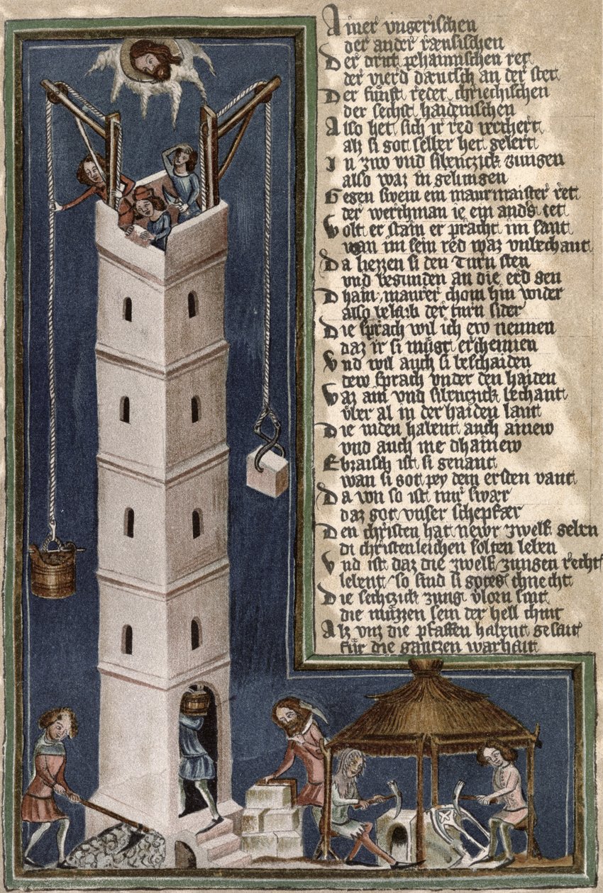 Bouw van de Toren van Babel, kopie van een 15e-eeuws manuscript door German School