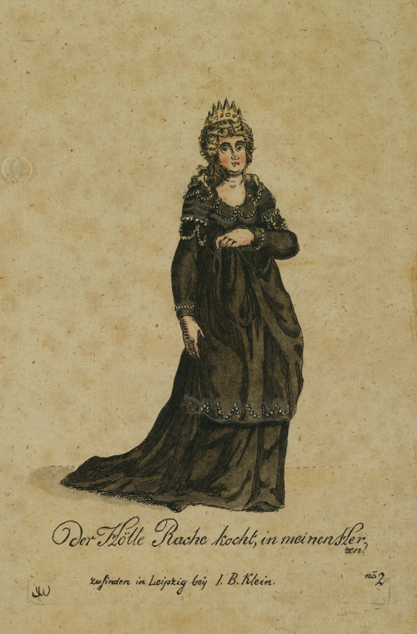 Kostuumontwerp voor de rol van de Koningin van de Nacht in de opera De Toverfluit door Wolfgang Amadeus Mozart, gepubliceerd in Leipzig door I. B. Klein, 1793 door German School