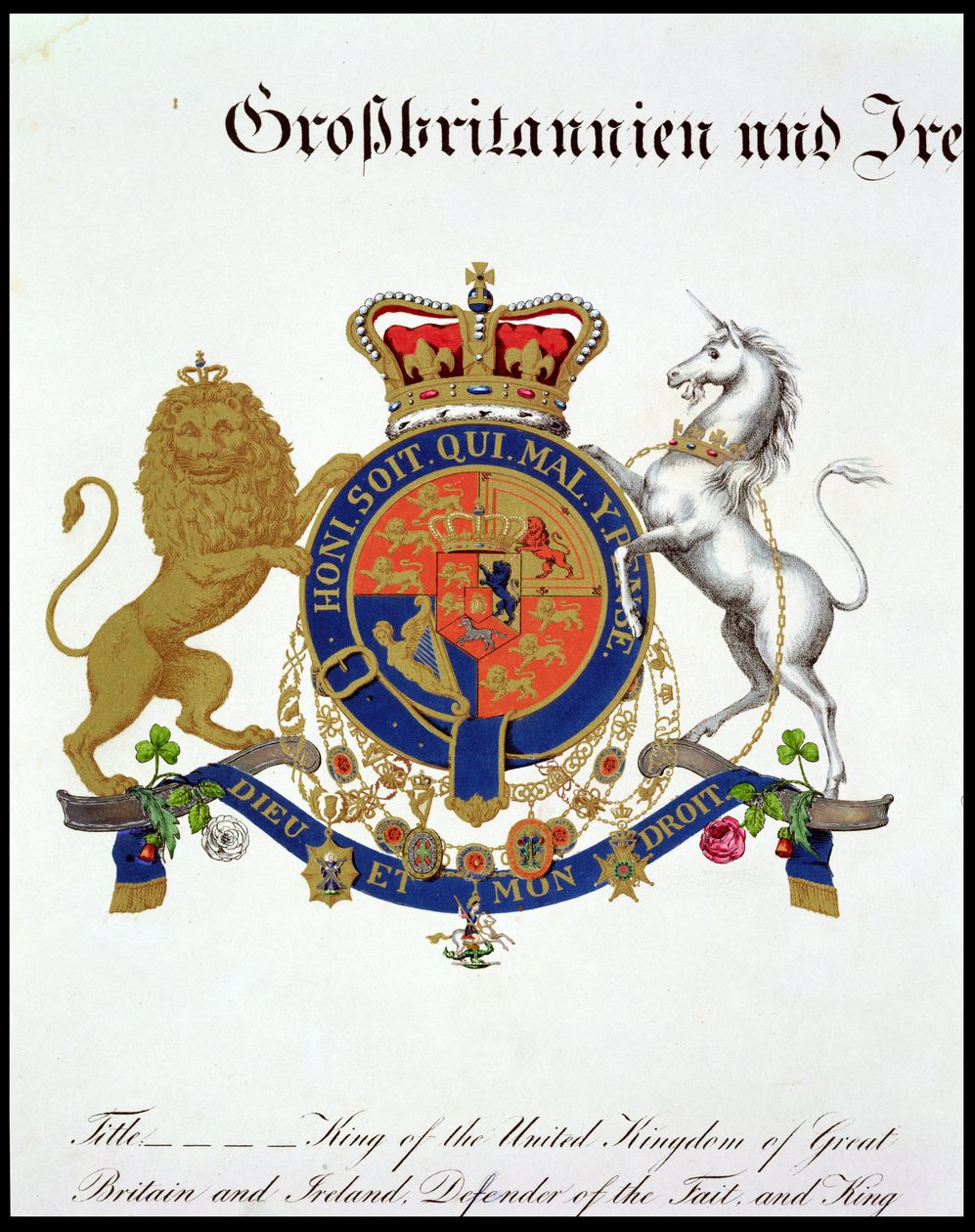 Wapen van de Koning van het Verenigd Koninkrijk van Groot-Brittannië en Ierland, Verdediger van het Geloof en Koning van Hannover (ca. 1801-37) door German School