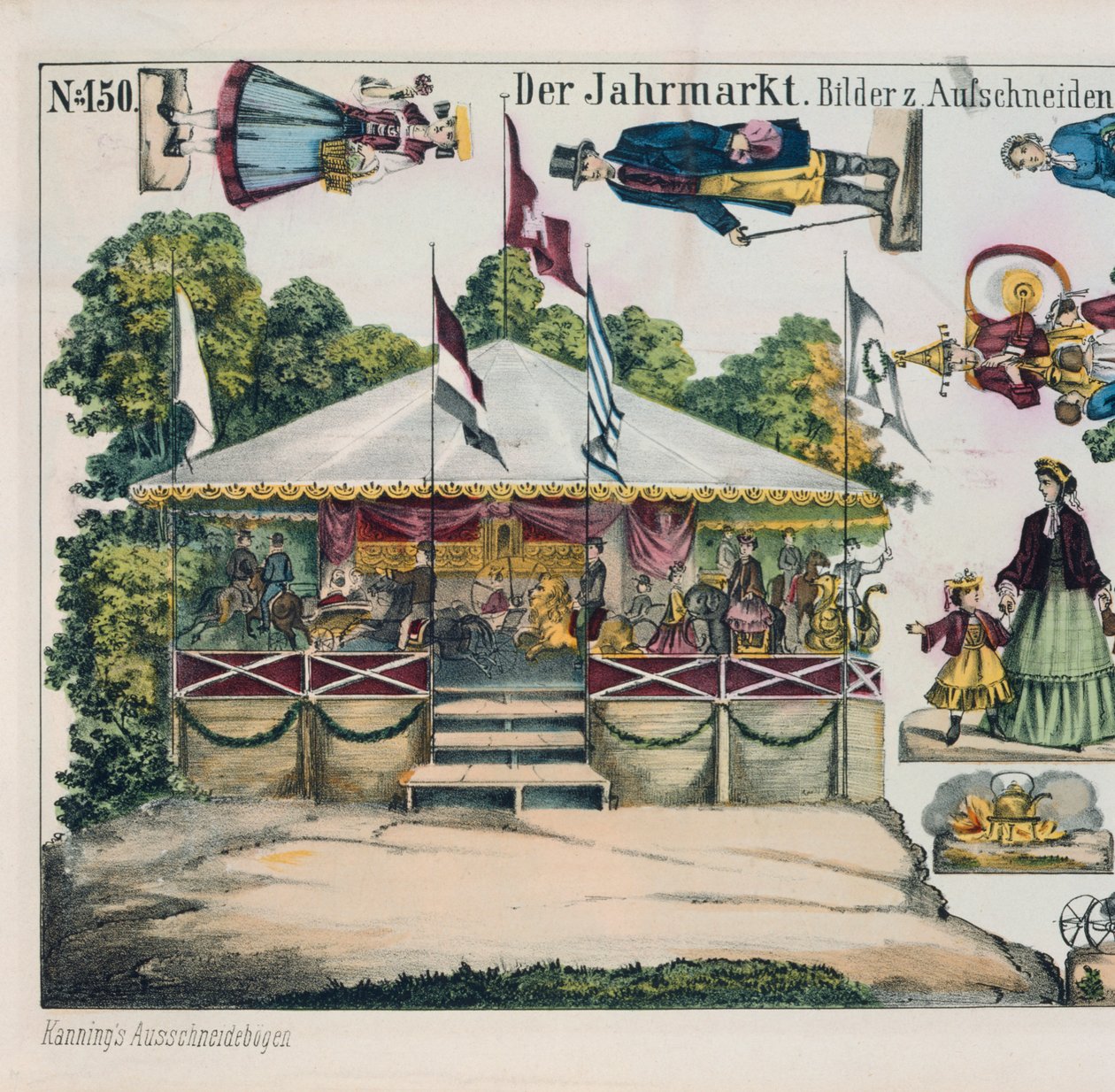Uitknipblad met een kermiscarrousel, uitgegeven door Kanning, 1860 door German School