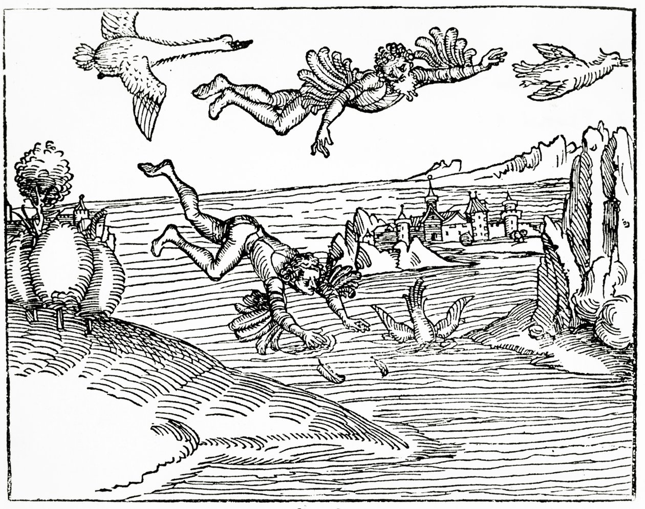Daedalus, ontsnapt uit Kreta met zijn zoon, Icarus, ziet hem vallen naar zijn dood, 1493 door German School