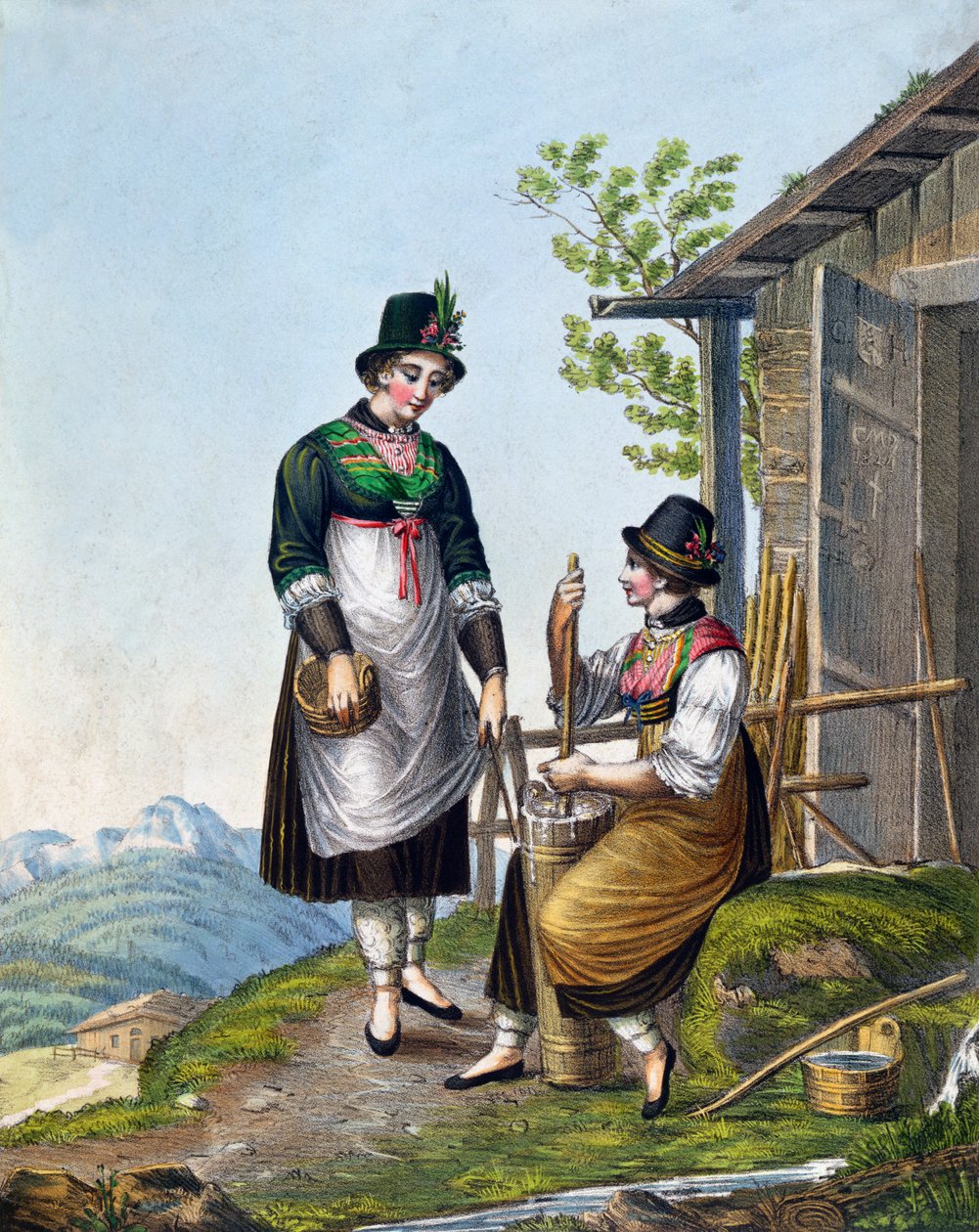 Melkmeisjes in de Alpen bij Tegernsee, begin 19e eeuw door German School