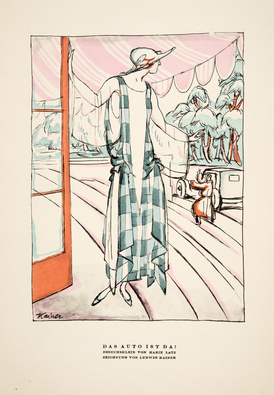 "Das Auto Ist Da!", reclame voor jurk van Marie Latz, uit Styl, pub.1922 (pochoirprint) door German School