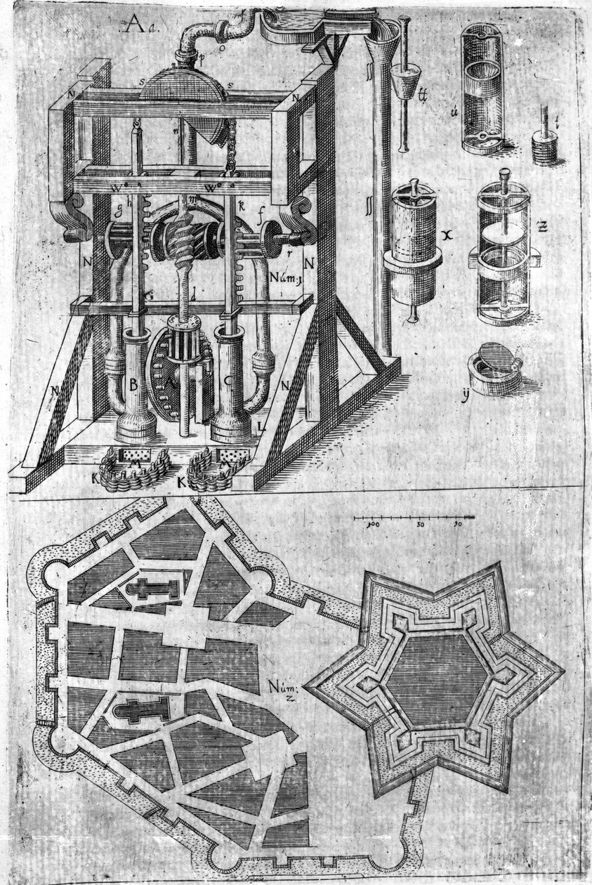 Ontwerp voor vestingwerken uit Harmonia in Fortalitiis Construendis, Defendensis & Oppugnandis door Wendelin Schildknecht, pg120, gepubliceerd 1652 door German School