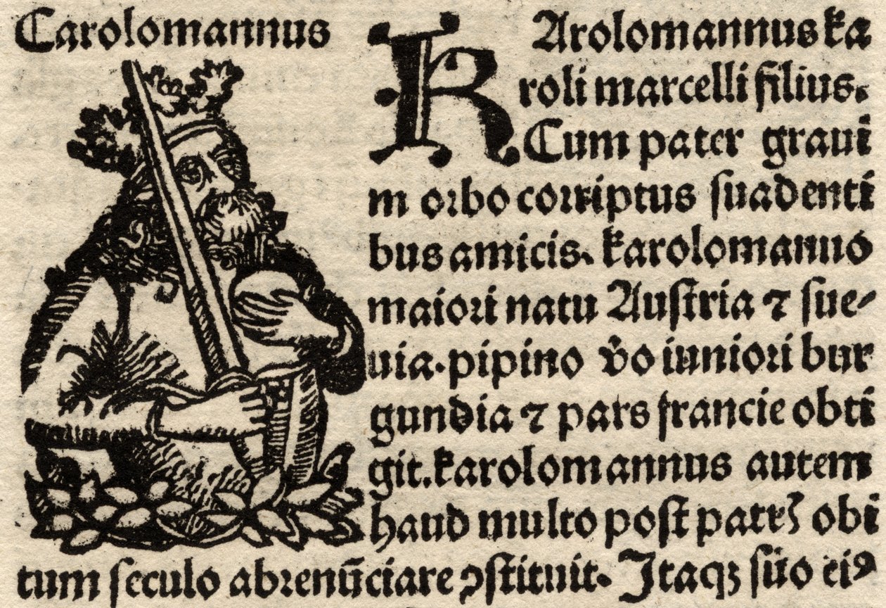Detail van een originele incunabelblad, met afbeelding van Karel de Grote (742-814) voor 1500 door German School
