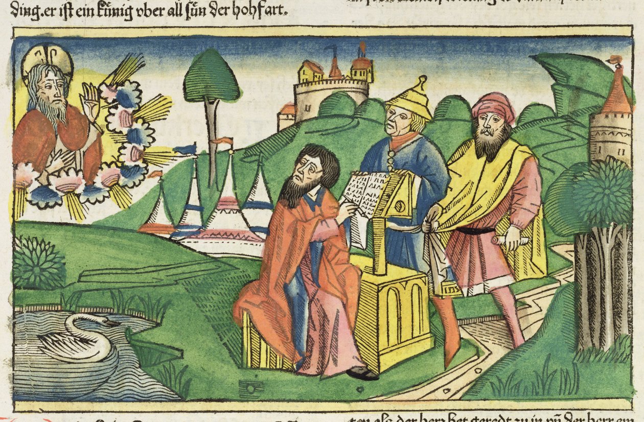 Deuteronomium: Frontispice waarin God de wetten maakt, uit de Neurenbergse Bijbel (Biblia Sacra Germanaica) door German School