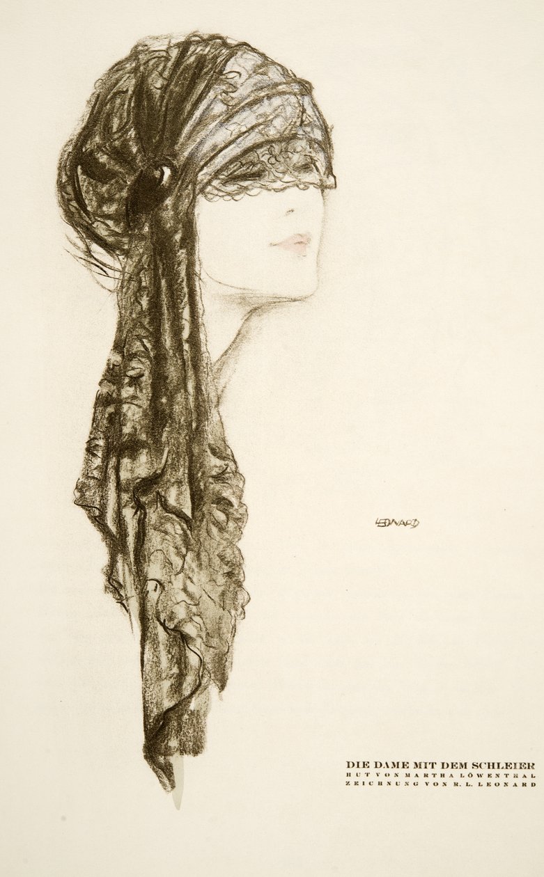 Die Dame mit dem Schleier, hoed van Martha Lowenthal, uit Styl, geb.1922 (pochoirdruk) door German School