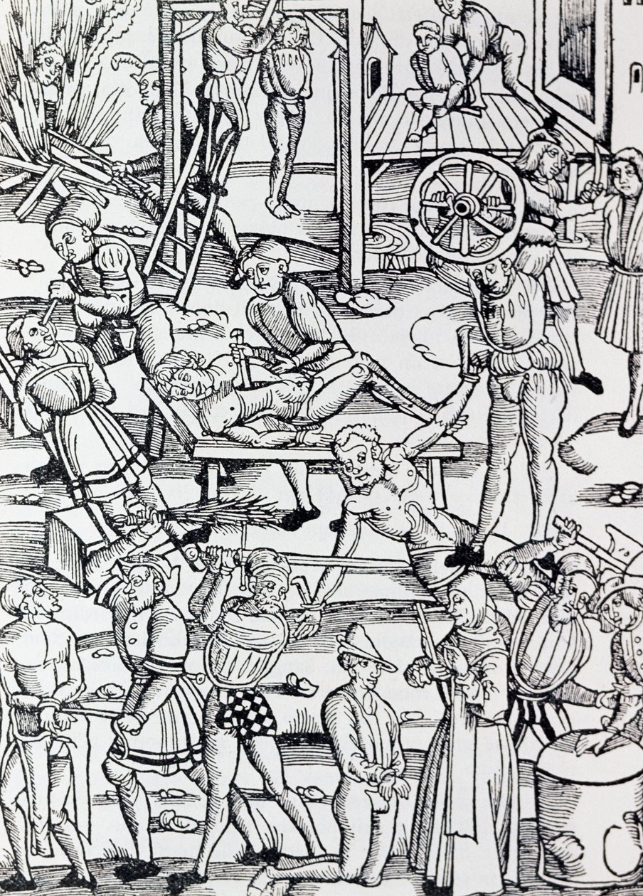 Verschillende vormen van straf gebruikt in Duitsland in 1500 voor verschillende misdaden, Gravure, Duitsland door German School