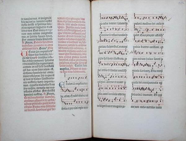 Dubbele pagina met een gregoriaans gezang uit een incunabel, uit het Missale Romanum, ca. 1482 door German School