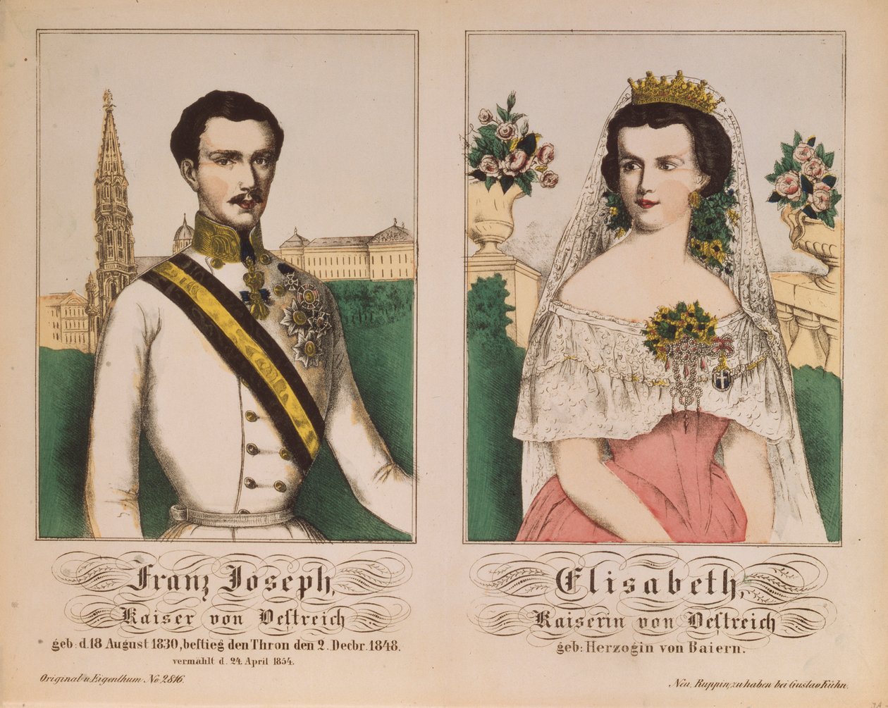 Dubbelportret van keizer Franz Joseph I van Oostenrijk en keizerin Elizabeth, uit Neuruppiner Bilderbogen, 1854 door German School