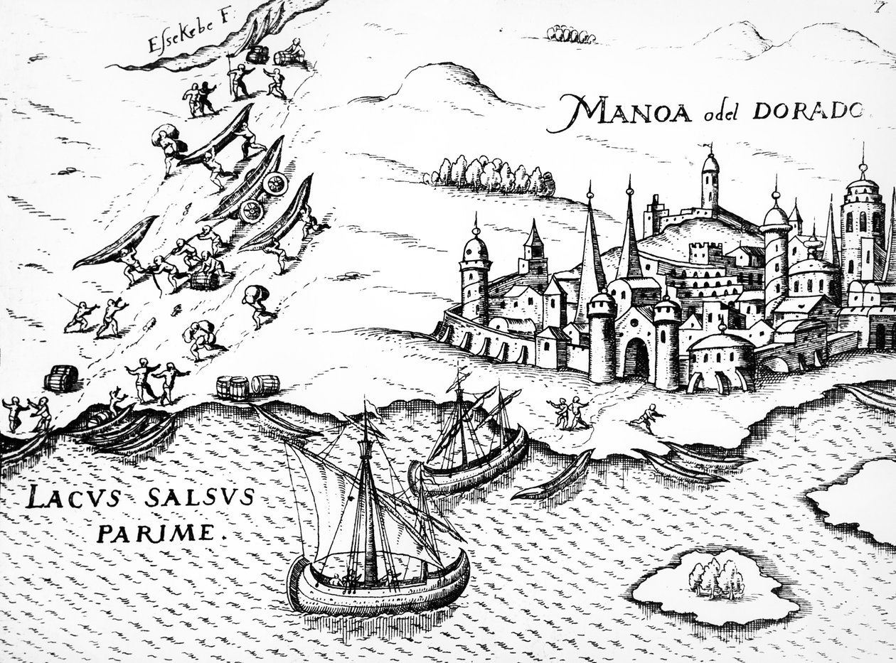 Eldorado, illustratie uit Regni Guianae, door G. Raleigh, 1594-96 door German School