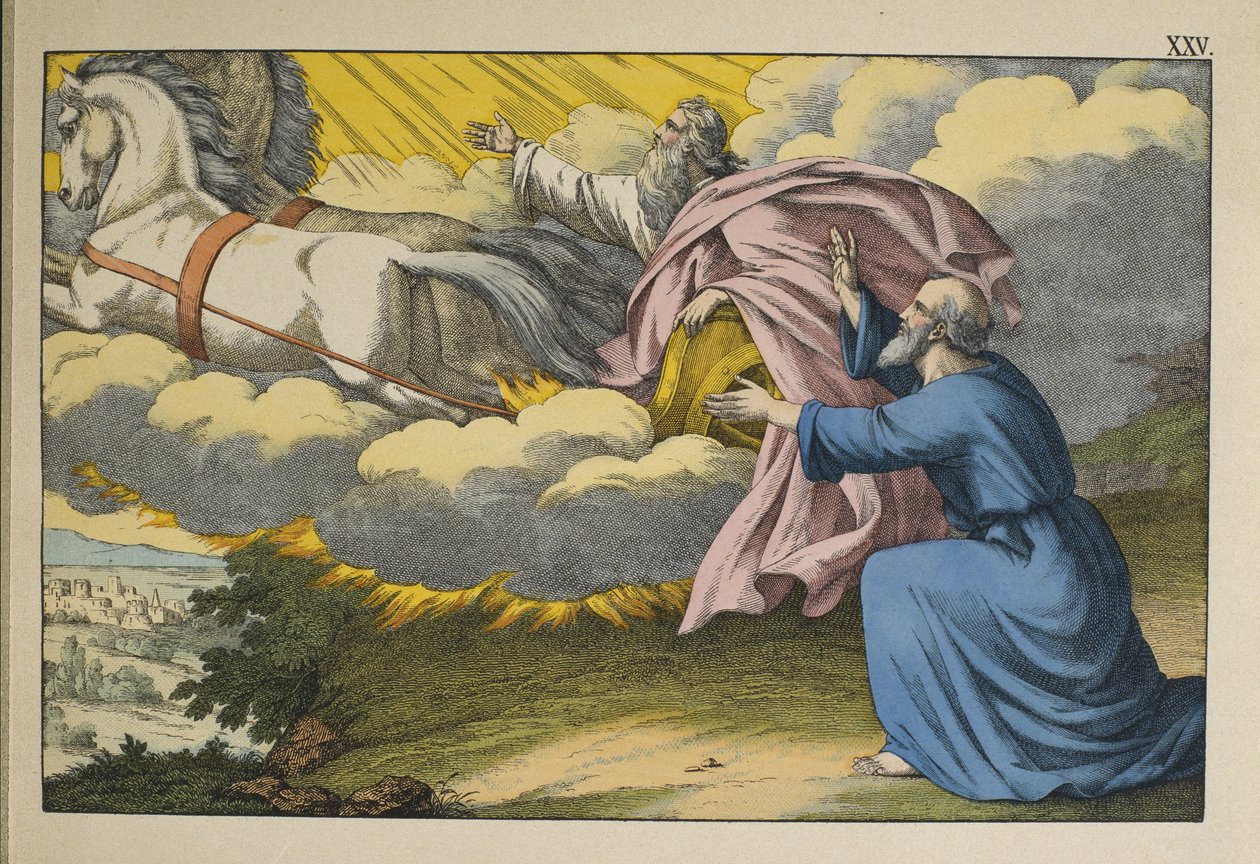 Elia stijgt op naar de hemel in een wervelwind en laat zijn leerling Elisa achter om zijn werk voort te zetten, illustratie uit L