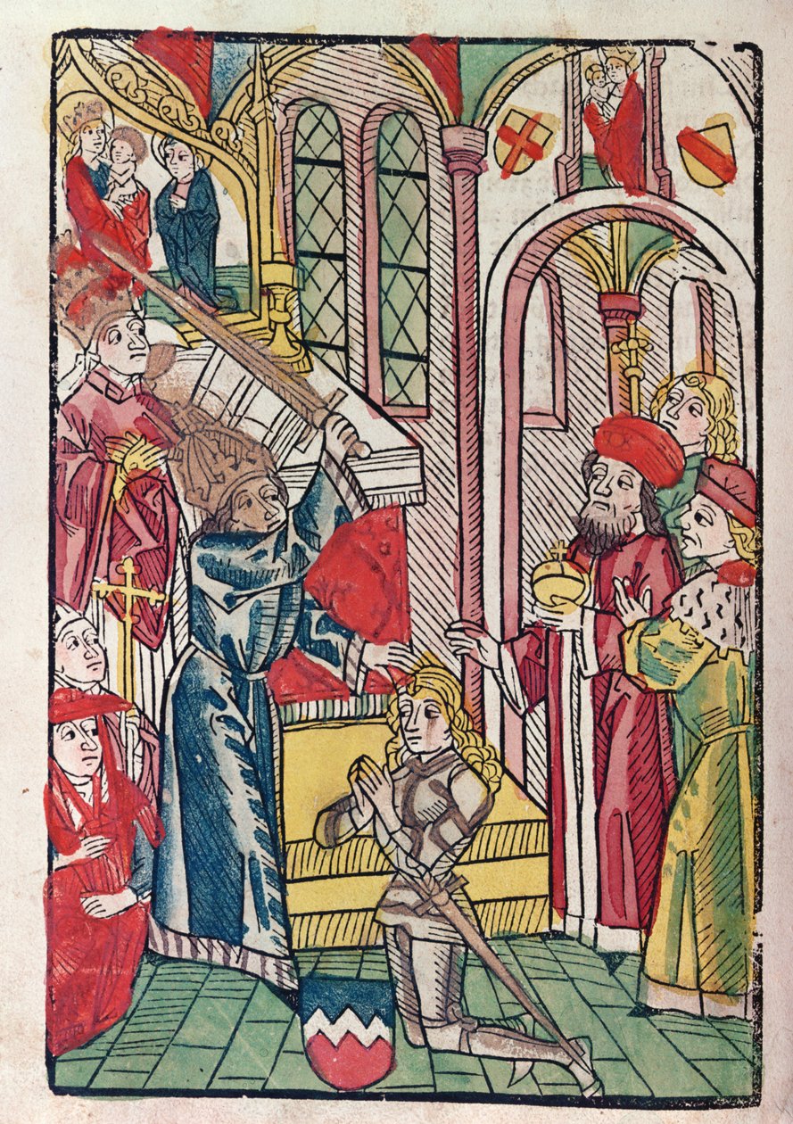 Keizer Sigismund (1367-1437) van Luxemburg slaat een ridder tot ridder (kleur houtsnede) door German School