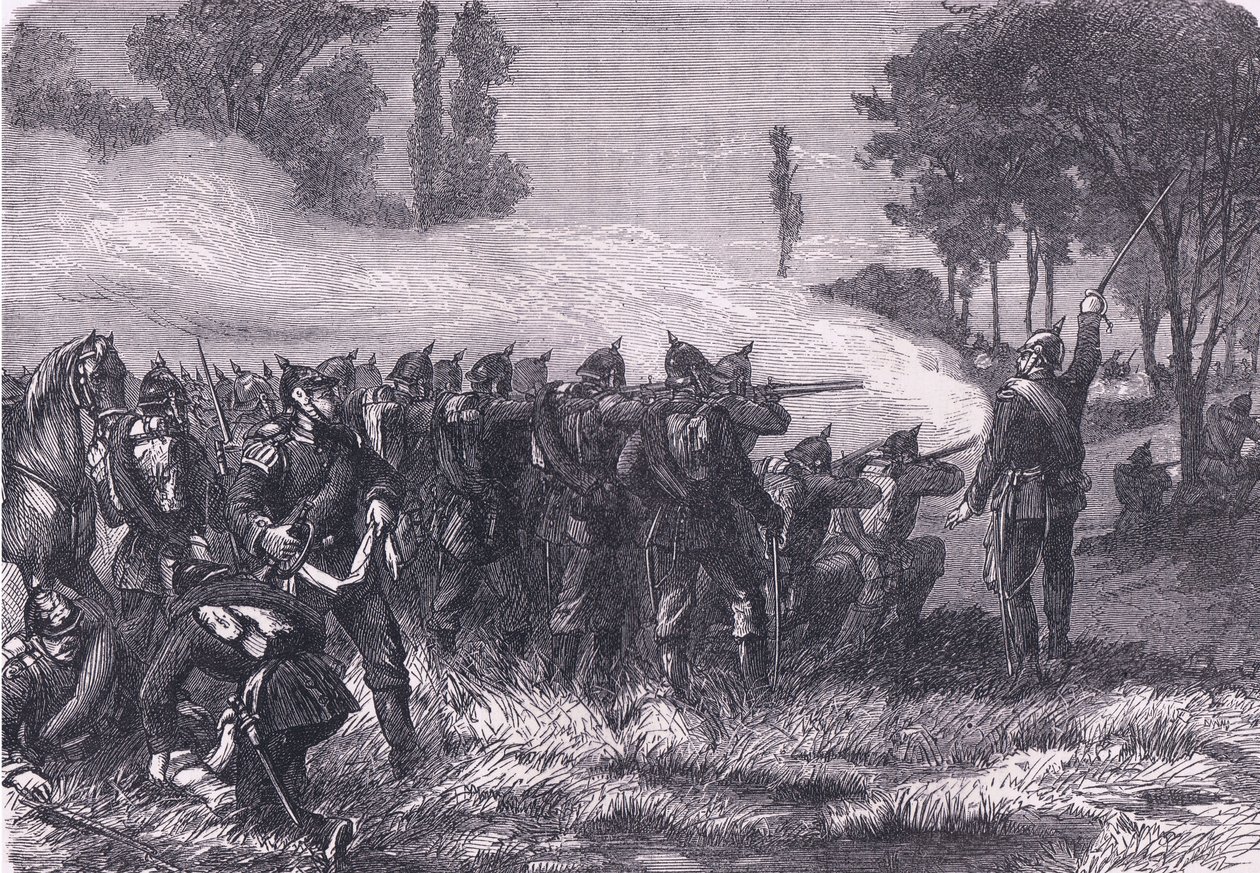 Ontmoeting in het bos voor Metz, Cassells Geschiedenis van de oorlog tussen Frankrijk en Duitsland uitgegeven door Cassell and Company Limited, ca. 1890 door German School