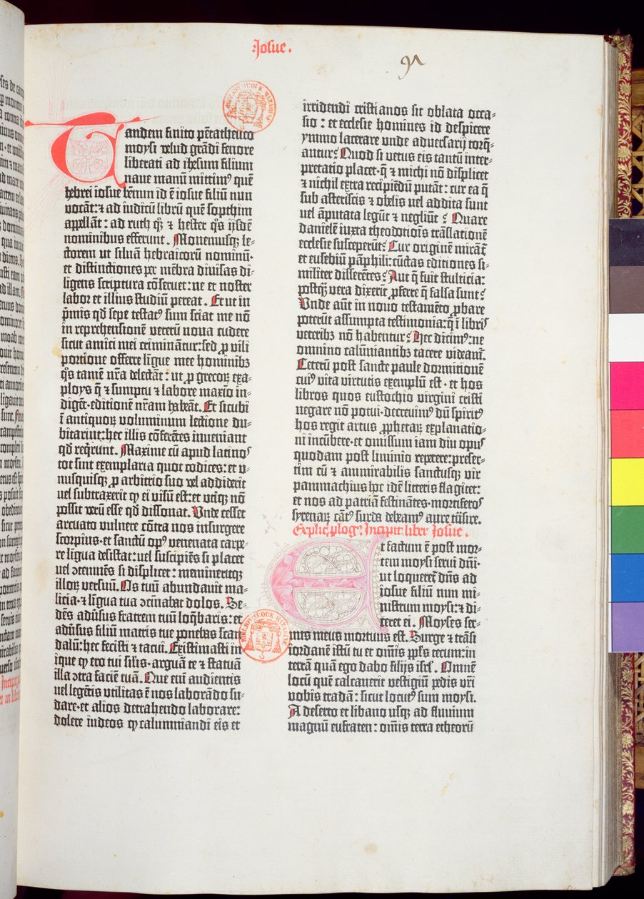 Einde van de Pentateuch en begin van het boek Jozua, uit de Gutenberg Bijbel, gedrukt door Johannes Gutenberg (c.1400-68) & Peter Schoeffer (1425-1502) in Mainz, 1454-56 door German School