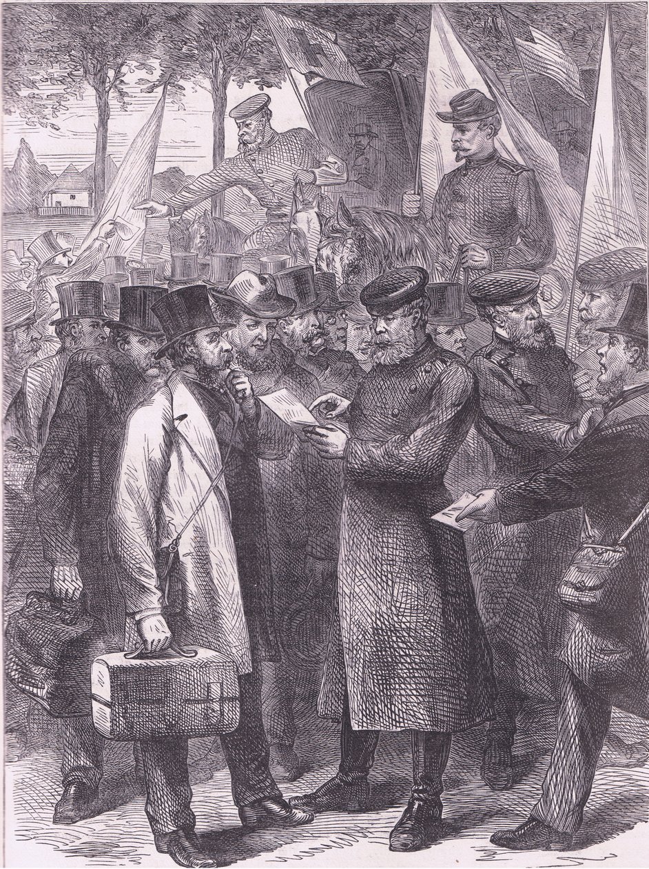 Engelse inwoners verlaten Parijs, Cassells Geschiedenis van de oorlog tussen Frankrijk en Duitsland uitgegeven door Cassell and Company Limited, ca. 1890 door German School