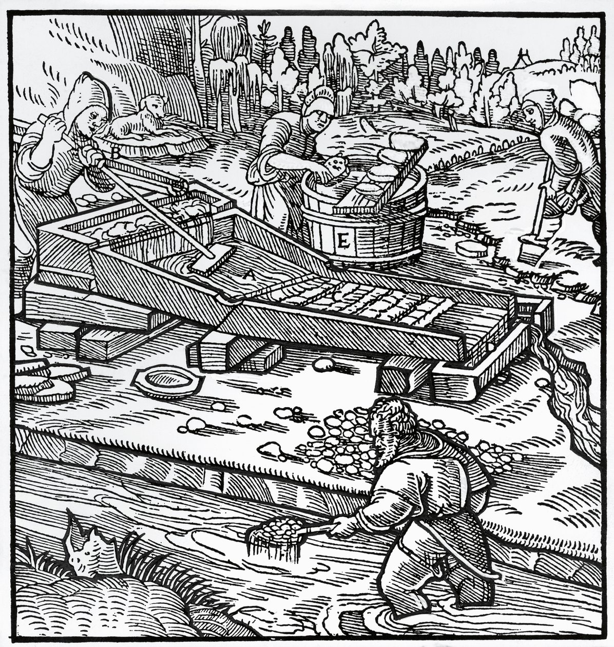Gravure uit De re metallica (Over de aard van metalen), door Georg Pawer of Georgius Agricola (1494-1555) door German School