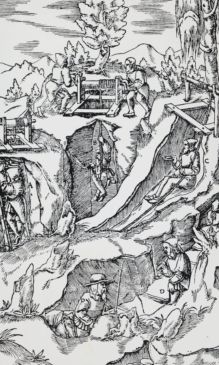 Gravure uit De re metallica, door Georg Pawer of Georgius Agricola, gepubliceerd in Basel door German School
