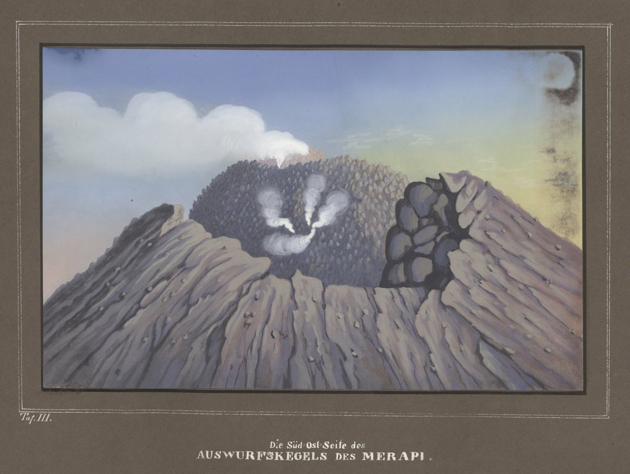 Uitbarsting van de Mount Merapi, Pl.III, Topographischer und Naturwissenschaftlicher Atlas zur Reise durch Java, door Dr.Fr.Junghuhn, Magdeburg 1845 door German School