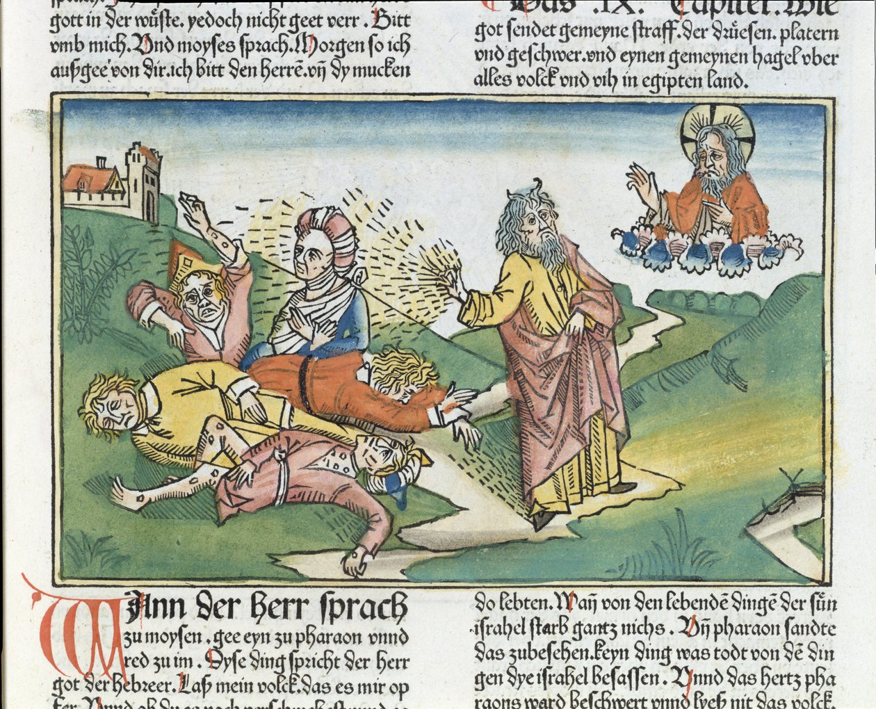 Exodus 9:8-12 De zeven plagen van Egypte: Mozes en de plaag van zweren, uit de Neurenbergse Bijbel (Biblia Sacra Germanaica) door German School