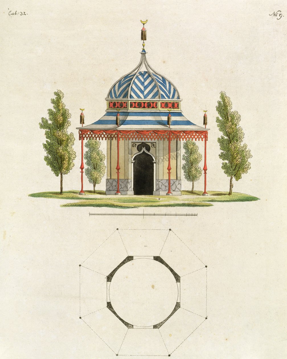 Exterieur van een Chinese tuin tempel, uit Recent New Ideas for the Garden, gepubliceerd 1779 door German School