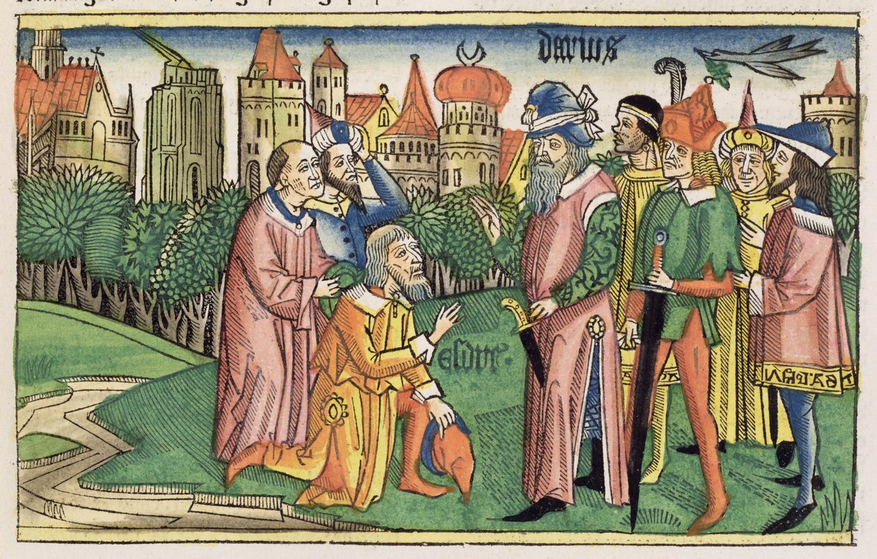 Ezra 6:16 De tempel van Jeruzalem wordt ingewijd door koning Darius, uit de Neurenbergse Bijbel (Biblia Sacra Germanaica) door German School