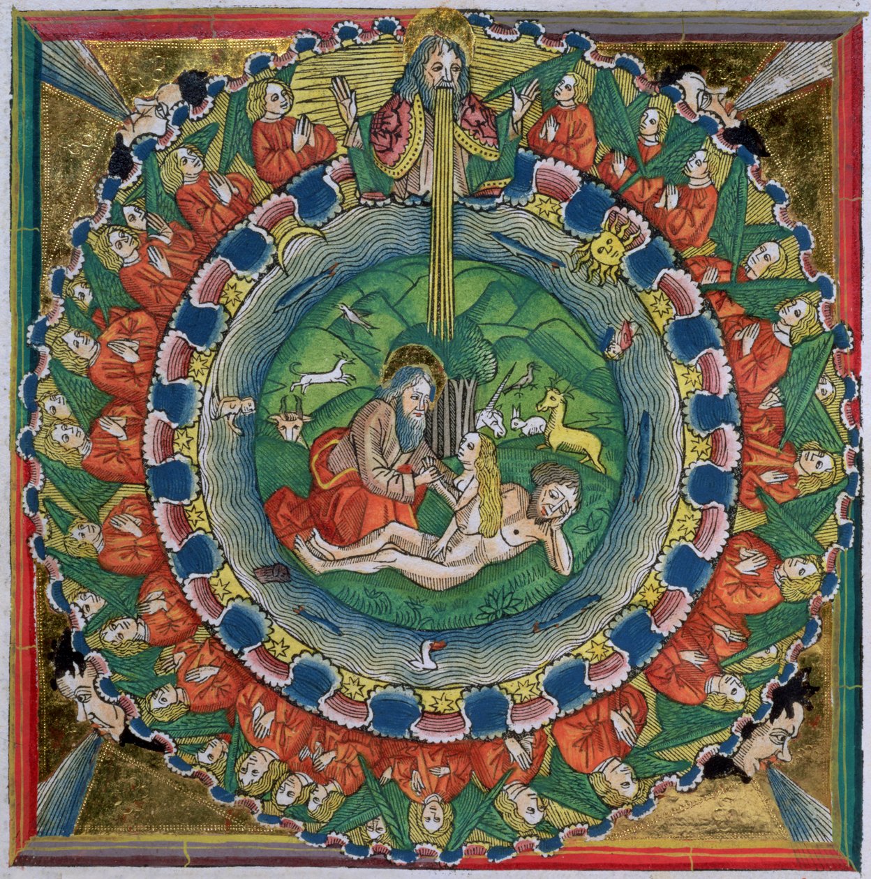 Facsimile kopie van Genesis 2:22 God schiep Eva, uit de Neurenbergse Bijbel (Biblia Sacra Germanaica) door German School