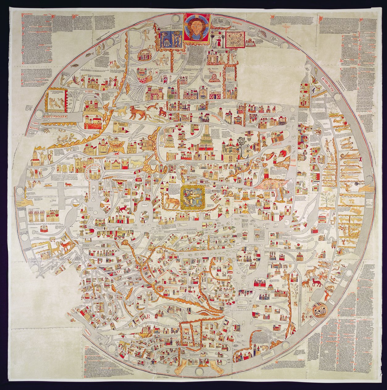 Facsimile kopie van de "Ebstorf Mappamundi", gemaakt voor het klooster in Ebstorf, bij Luneberg, ca.1339 (prent) door German School