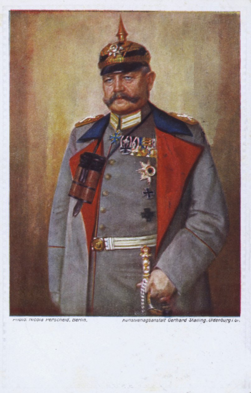 Veldmaarschalk Paul von Hindenburg, bevelhebber van het Duitse leger in de Eerste Wereldoorlog (kleurenlitho) door German School