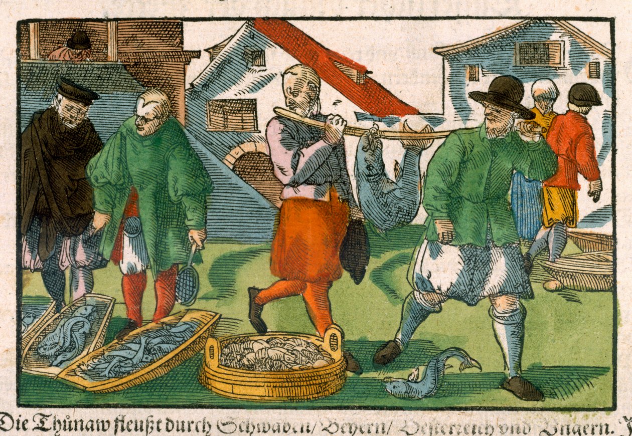 Vismarkt, uit een Duits manuscript, ca. 1650 door German School