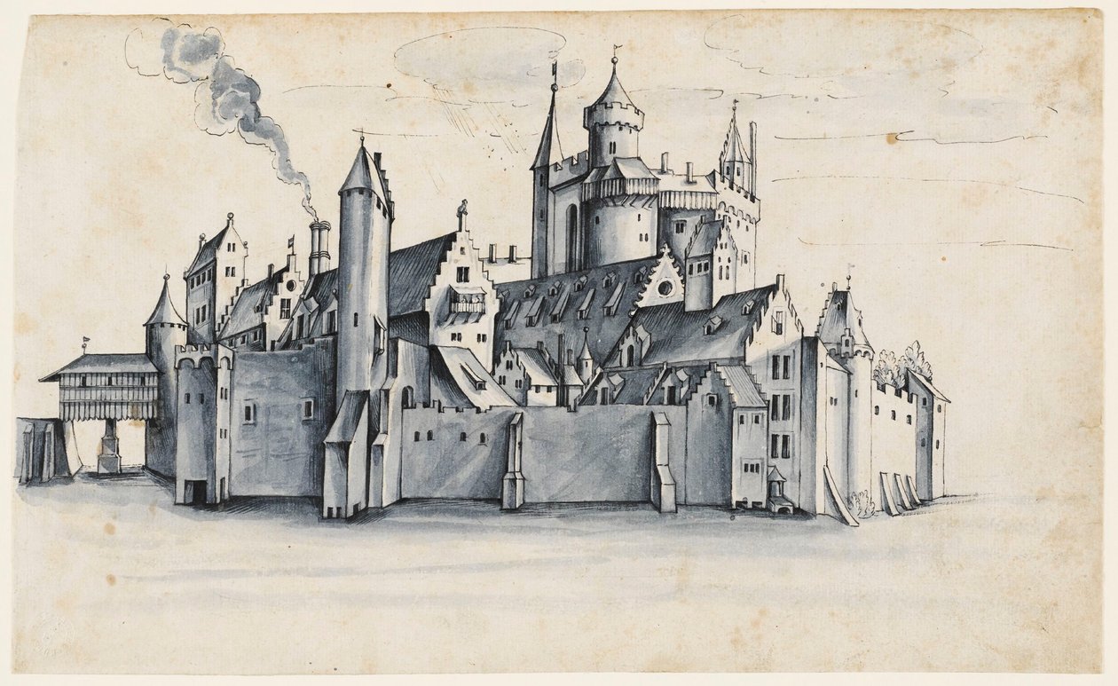 Vestingstad omringd door water (pen  inkt met blauw penseel) door German School