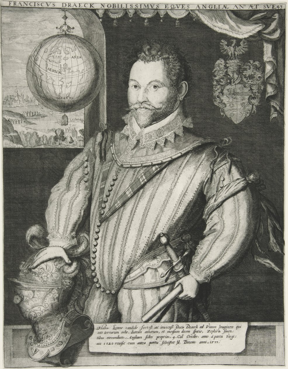 Francis Drake, pub. 19e eeuw (gravure) door German School