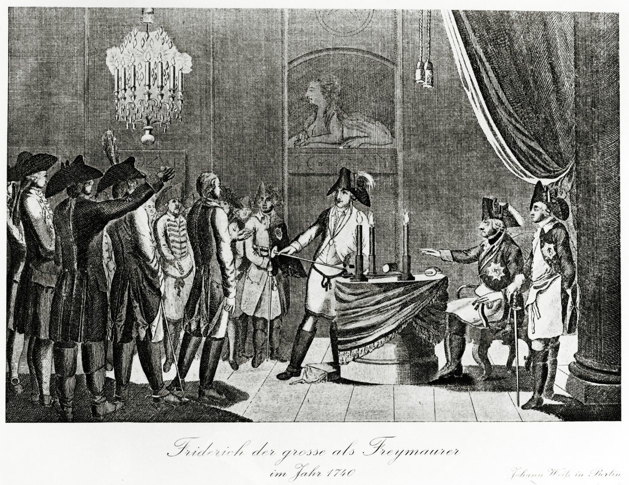 Frederik de Grote ontvangt zijn zwager, Frederik, markgraaf van Brandenburg-Bayreuth als vrijmetselaar in Berlijn in 1740 door German School