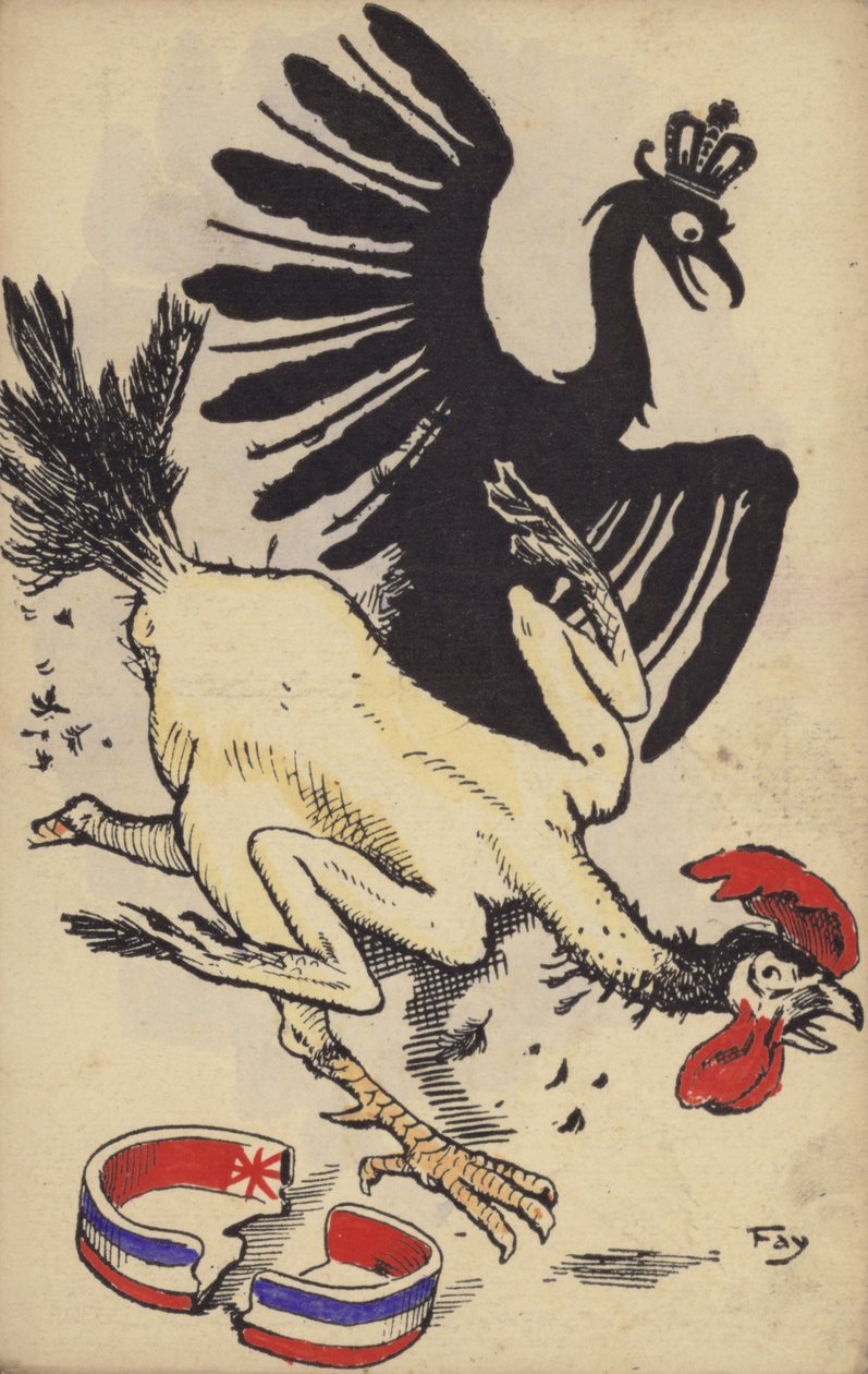 Franse haan op de vlucht voor de Duitse adelaar (kleurenlitho) door German School