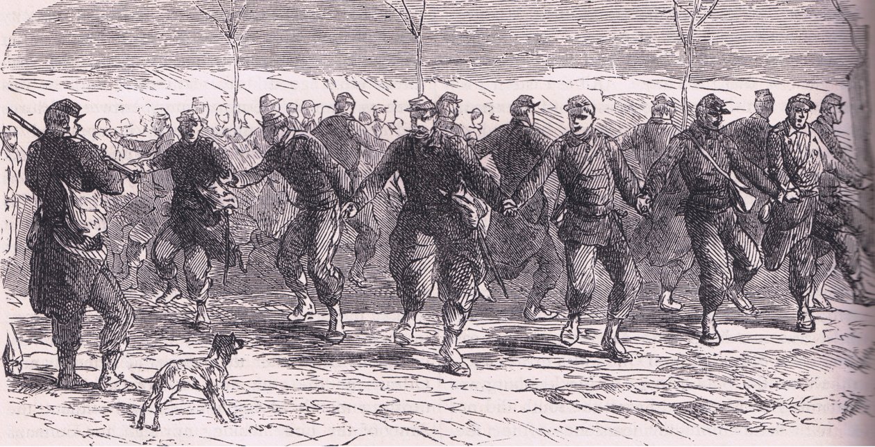 Franse soldaten dansen in het kamp, Cassells Geschiedenis van de Oorlog tussen Frankrijk en Duitsland gepubliceerd door Cassell and Company Limited, ca. 1890 door German School