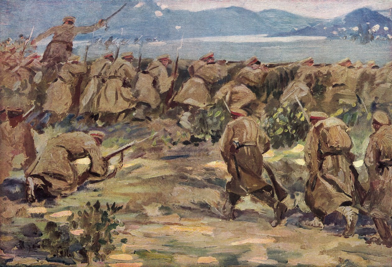 Van een slagveld in Macedonië (kleurenlitho) door German School