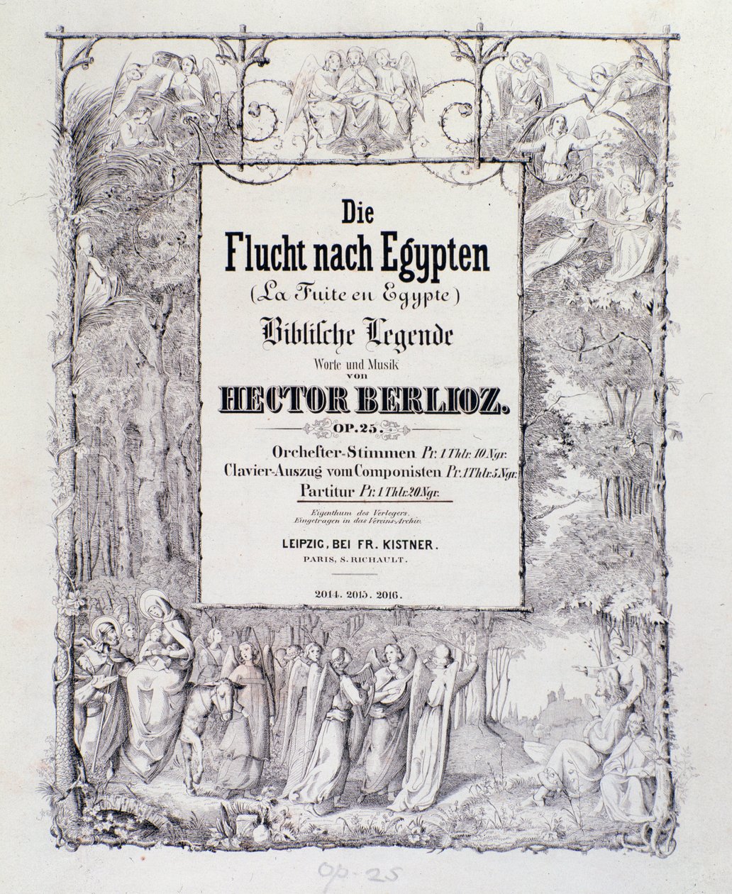 Frontispice van de muzikale partituur van de Duitse editie van "De vlucht naar Egypte, opus 25" ouverture door de Franse romantische componist Hector Berlioz door German School