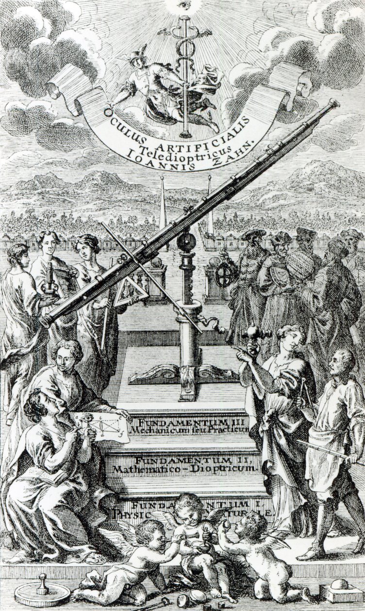 Frontispice van Oculus Artificialis Teledioptricus Sive Telescopium door Johann Zahn, 2e editie gepubliceerd in 1702 door German School