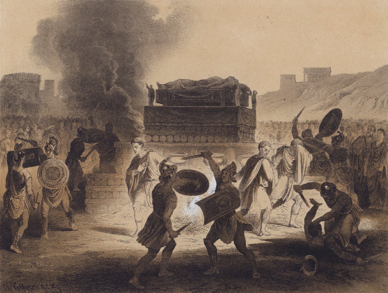 Begrafenis in de Klassieke Oudheid (kleurenlitho) door German School