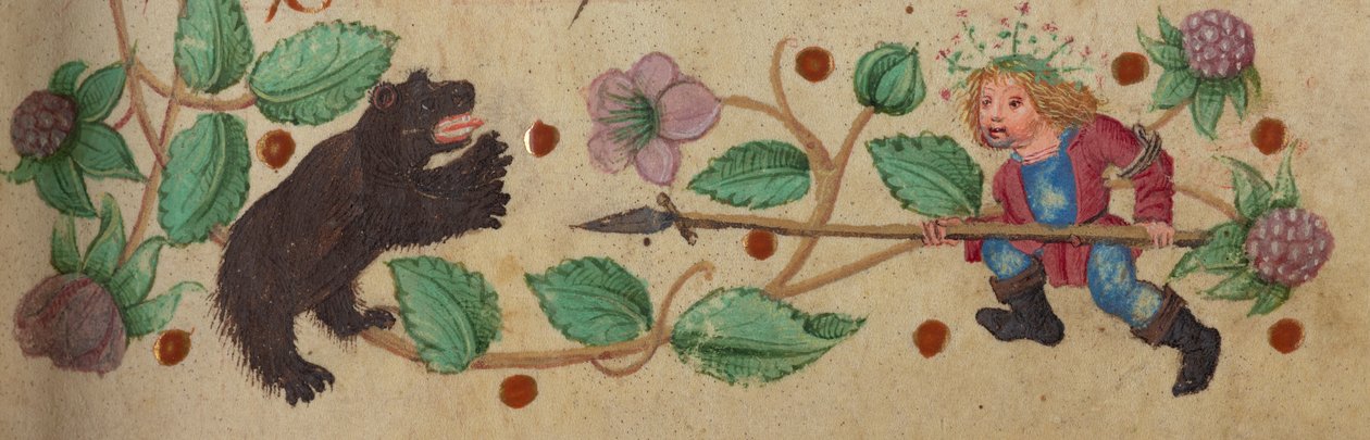 Jager met krans te voet die een beer spiest, c. 1475-1485 door German School