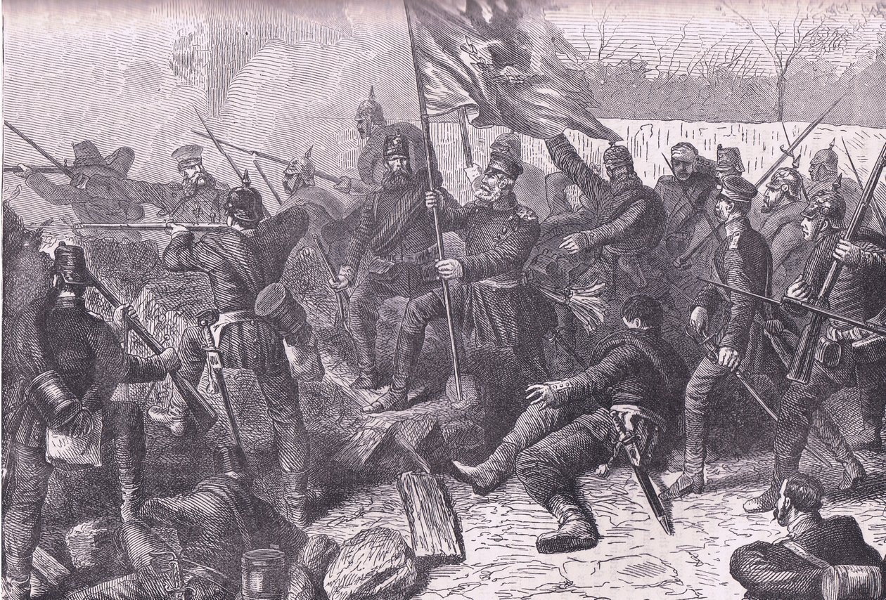 Generaal von Budretzky leidt de aanval op Le Bourget, Cassells Geschiedenis van de oorlog tussen Frankrijk en Duitsland uitgegeven door Cassell and Company Limited, ca. 1890 door German School