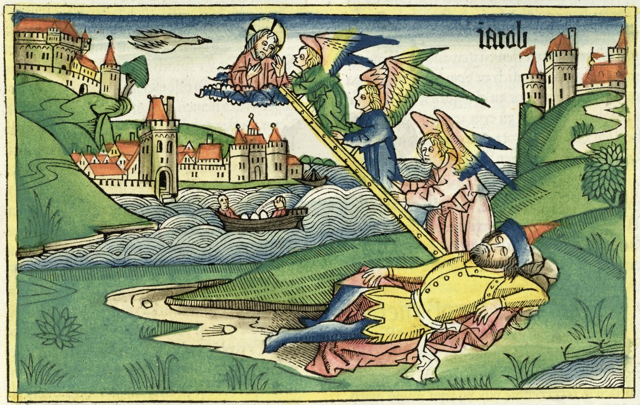 Genesis 28:10 Jakobs ladder, uit de Neurenbergse Bijbel (Biblia Sacra Germanaica) door German School