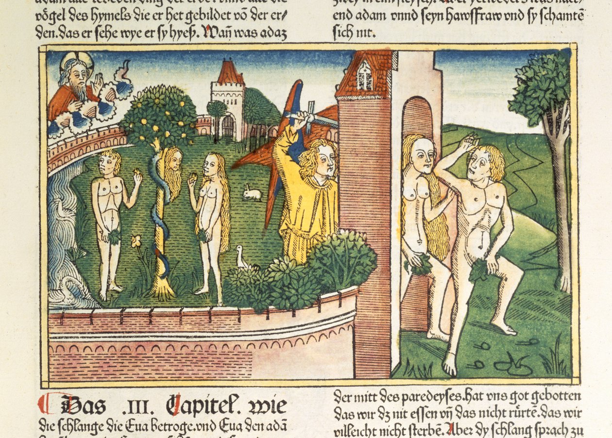 Genesis 3:1-24 De verleiding en de verdrijving uit het paradijs, uit de Neurenbergse Bijbel (Biblia Sacra Germanaica) door German School