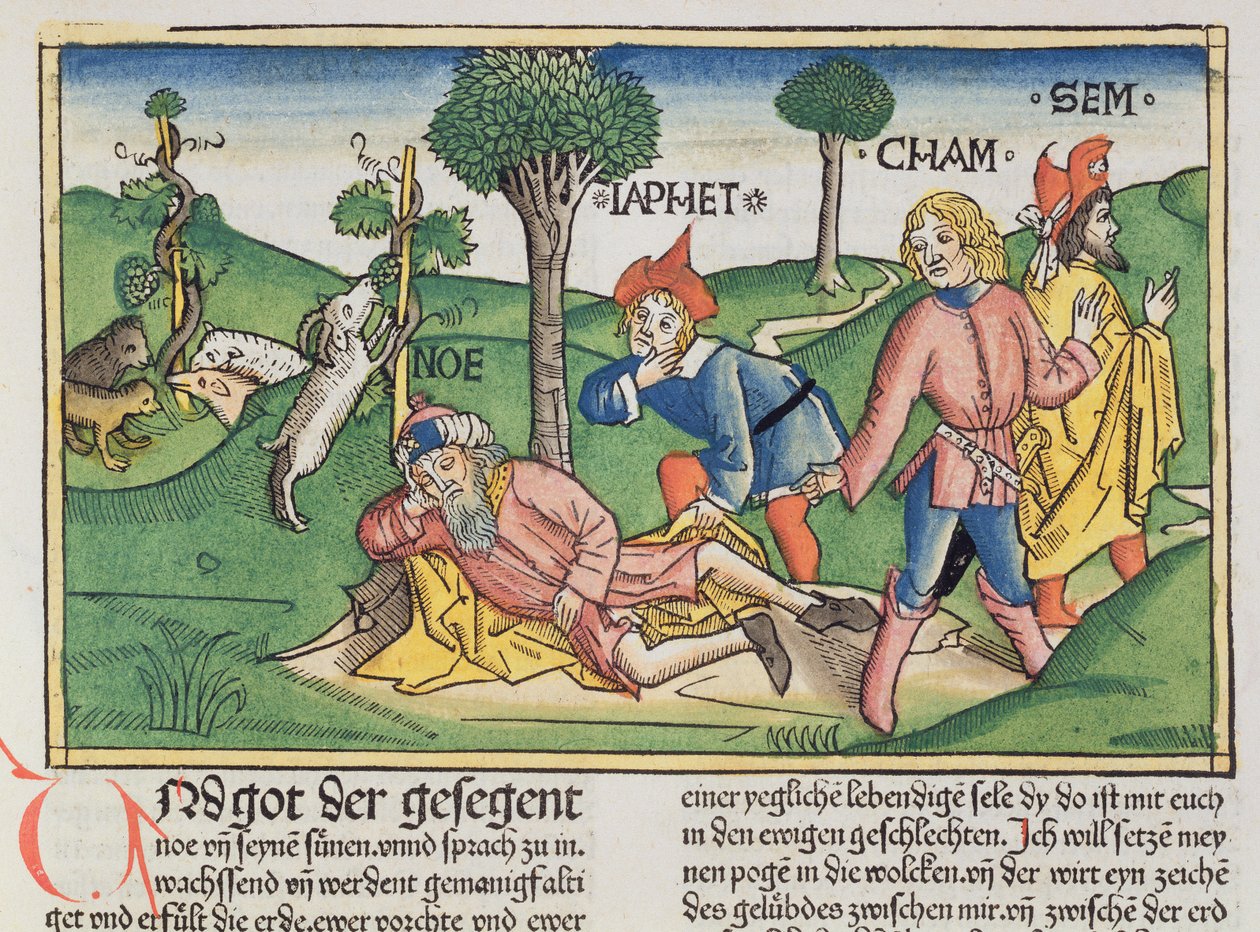 Genesis 9:20-27 Noach bedekt met een mantel door zijn zonen Sem, Cham en Jafeth, uit de Neurenbergse Bijbel (Biblia Sacra Germanaica) door German School