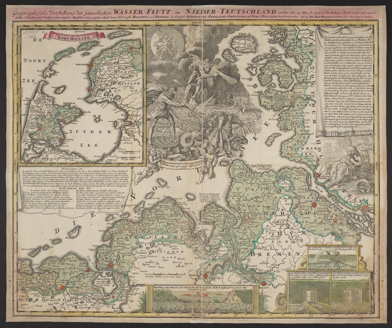 Geografische voorstelling van de ellendige watervloed in Neder-Duitsland, die plaatsvond op 25 december 1717, ca. 1718 door German School