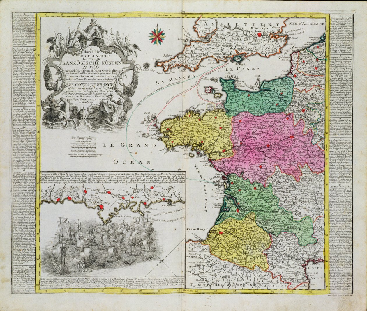 Duitse Kaart die Engelse marineaanvallen op Franse havens in 1758 toont door German School