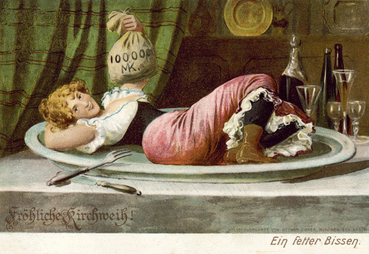 Verleidelijk liggend meisje op een bord met een zak geld (kleurenlitho) door German School