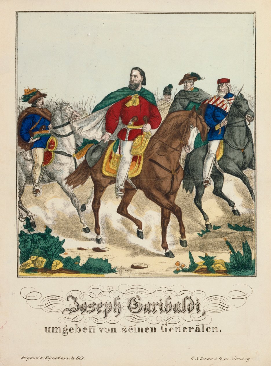 Giuseppe Garibaldi omringd door zijn generaals, uitgegeven door G.N. Renner, Neurenberg, 1866 door German School